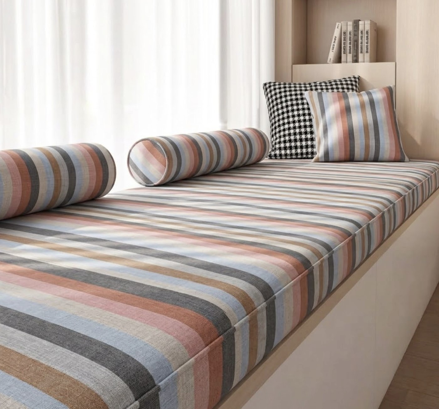 Close-up of striped bolster cushions and coordinating throw pillows on a bay window bench