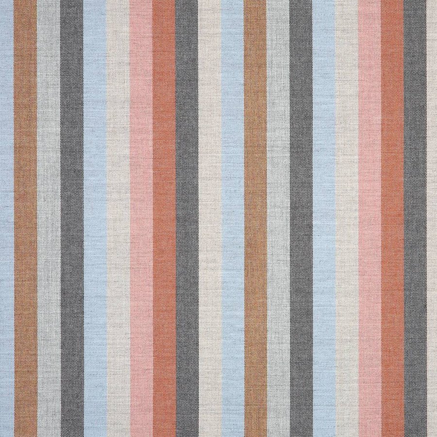 Surround Dusk Sunbrella fabric — a multi-colour stripe in terracotta, dusty blue, charcoal, tan and cream