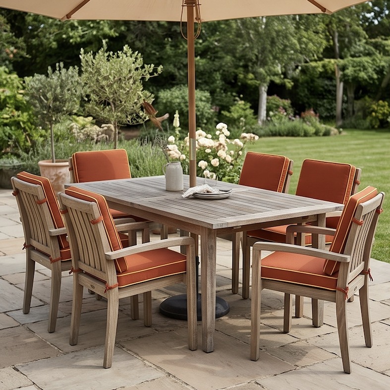 A full outdoor dining set with six chairs cushioned in Canvas Terracotta and Canvas Buttercup, delivered by Cushiere