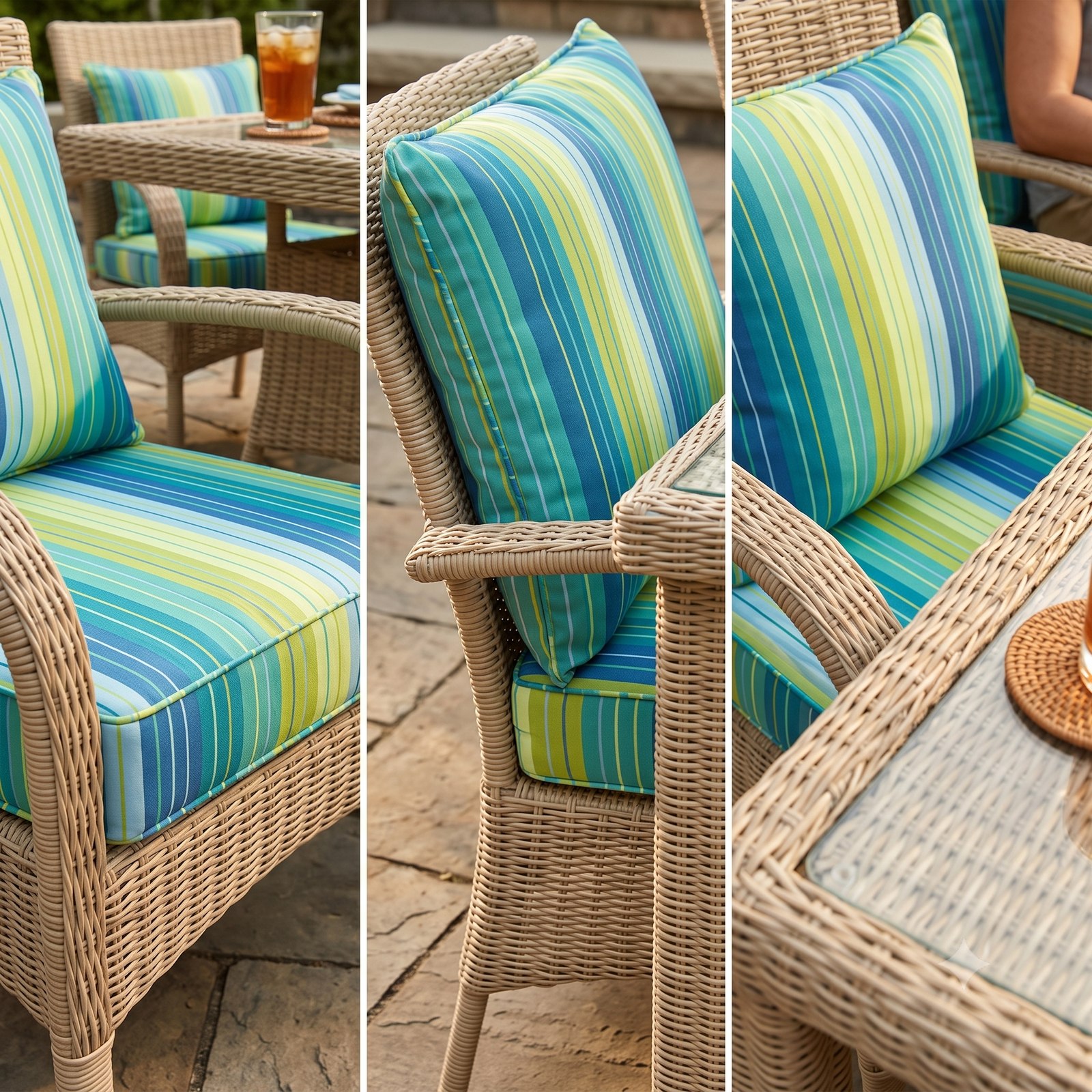 Striped blue, green and yellow outdoor cushions on a wicker patio set, shown in close-up detail on the seat, back cushion and armrest