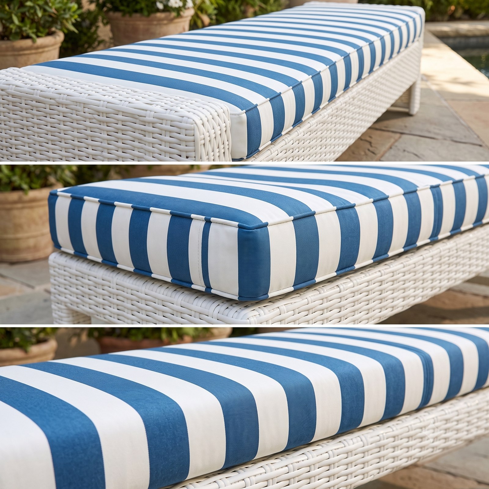 Navy and white striped bench cushion on a white wicker chaise, shown from three close-up angles including the corner piping detail