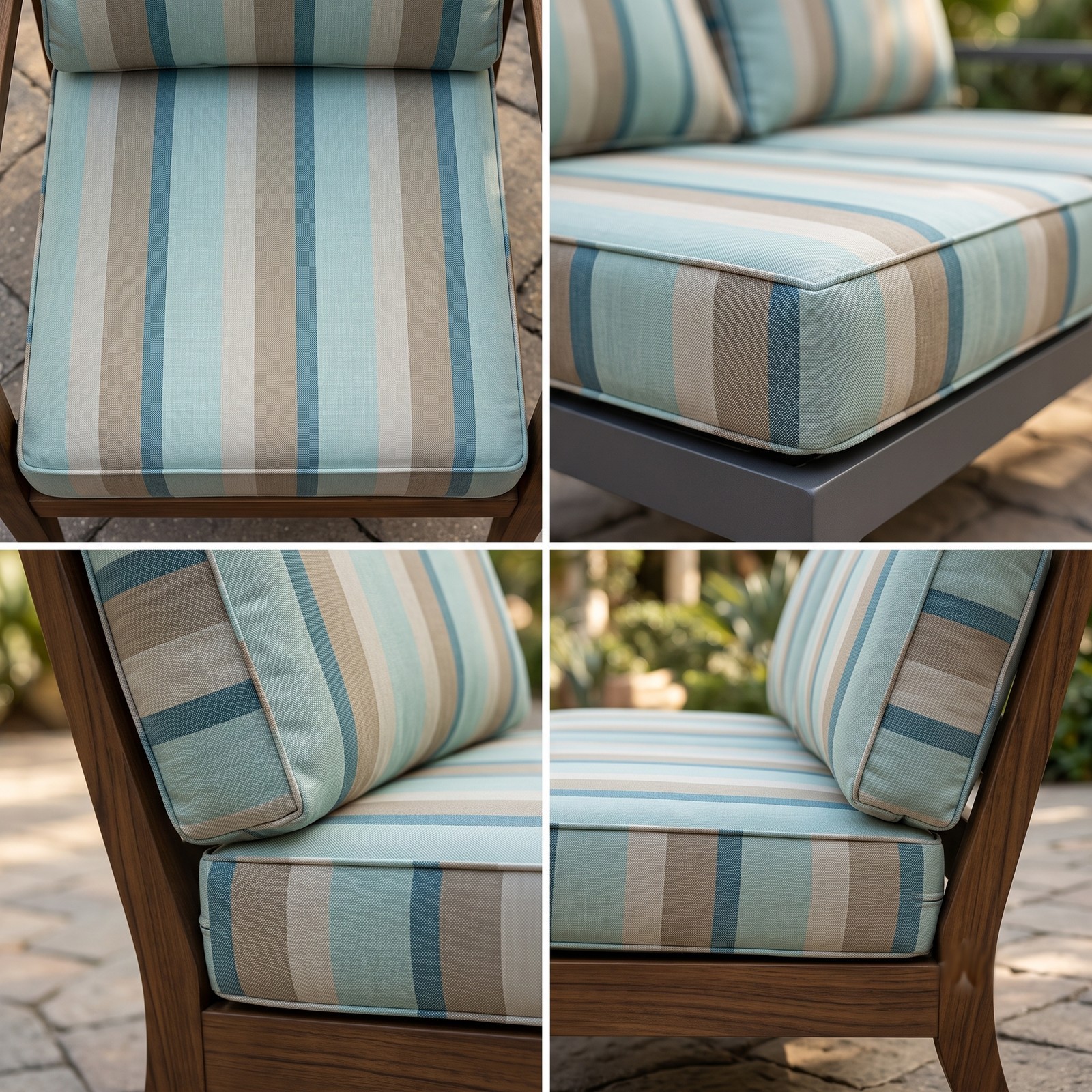 Blue, taupe and cream striped cushions on a dark wood outdoor armchair, shown in four close-up angles of the seat and back cushions